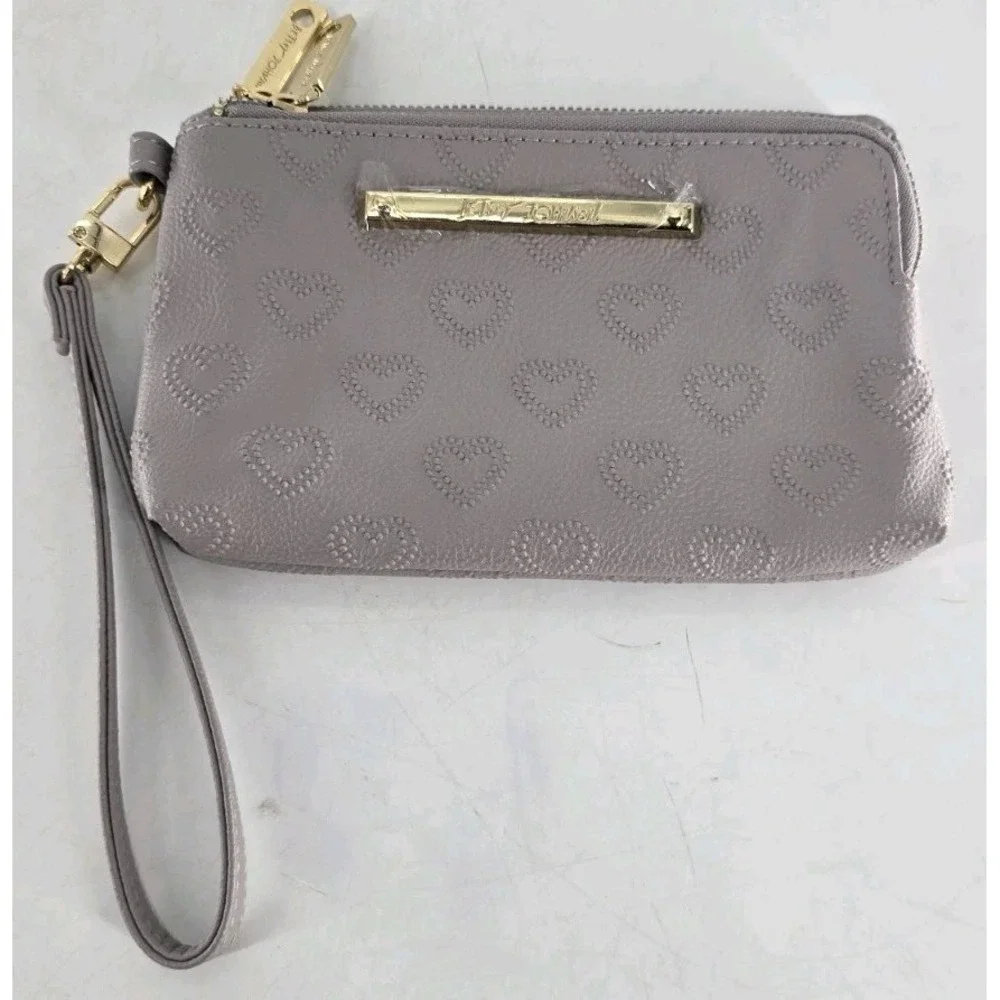 Betsey Johnson Double Zip‎ Pouch Wristlet - Gray With Embossed Hearts